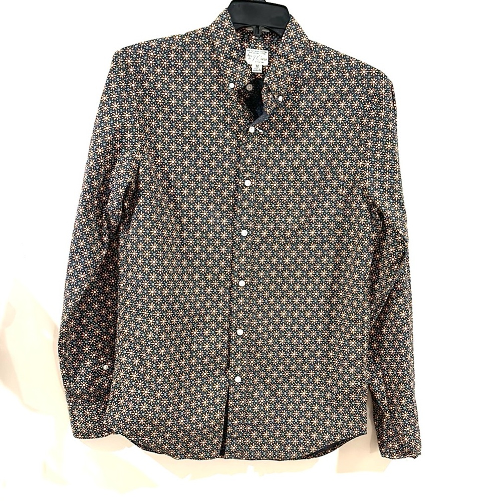 J. Crew Navy Button-Down Shirt with Tan Floral Print - Picture 9 of 10